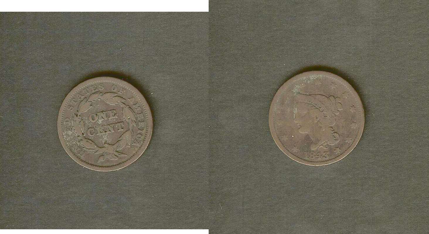 USA 1 cent "braided hair" 1843 gF/aVF
